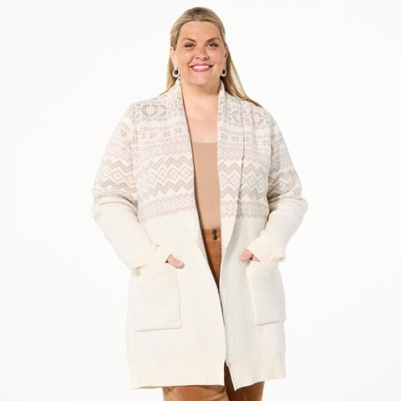 TWRHLL by Christie Brinkley Fair Isle Sweater Knit Belted Coatigan Size XL Beige - Picture 1 of 8